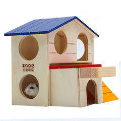 Wooden Hamster Toys Blue Top Villa Hamster Chalet Small Pet Toys Molar Decompression