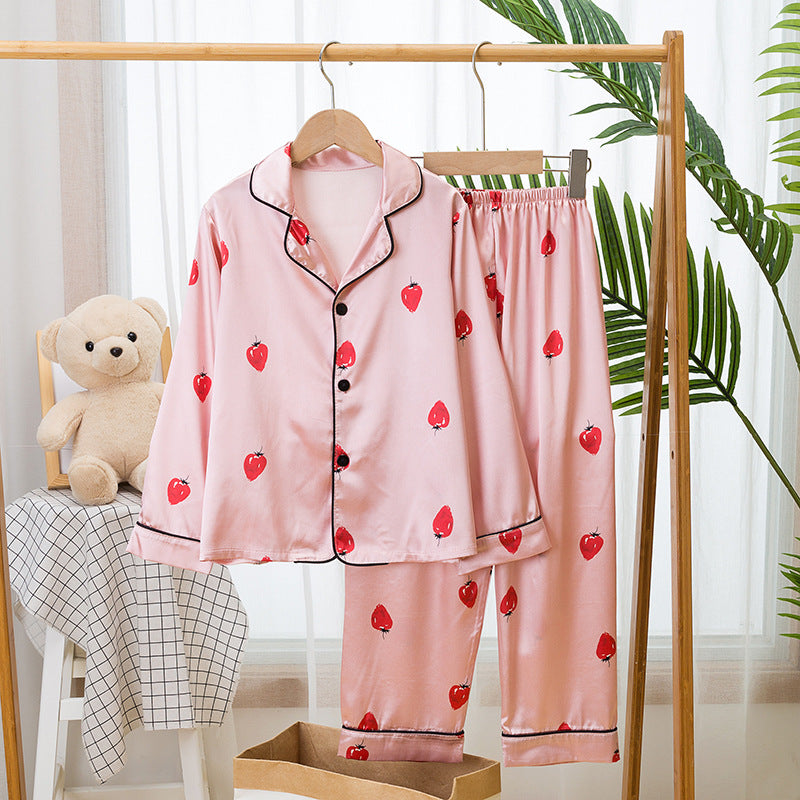 Spring And Autumn Children's Pajamas Silk Boy Girl Child Baby Long-Sleeved Short Suit Ice Silk Baby Air-Conditioned Home Service