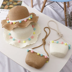 Small Ball Solid Color Children Straw Hat Bag Set