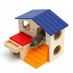 Wooden Hamster Toys Blue Top Villa Hamster Chalet Small Pet Toys Molar Decompression