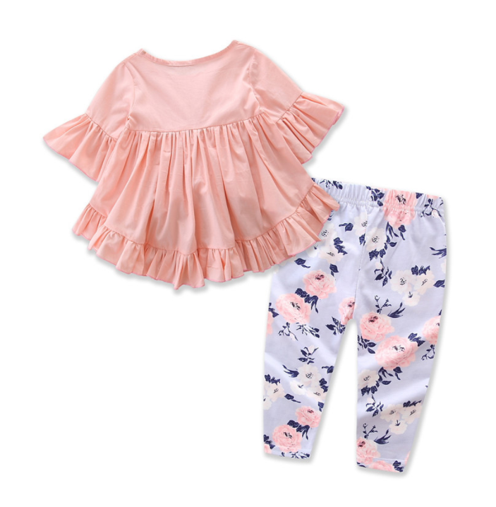 Toddler Kids Baby Girls Outfits Clothes Sets Cotton T-shirt Top Short Sleeve Pants Flower 2PCS Clothing Set