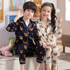 Long sleeve ice silk bear pajamas set for boys and girls
