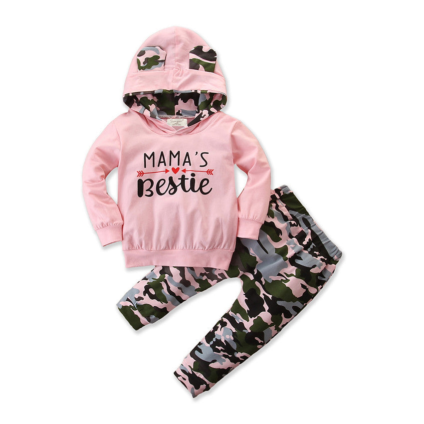 Girls Spring And Autumn Hooded Sweater Small Suit Ins Type Female Baby Camouflage 2 Piece Set