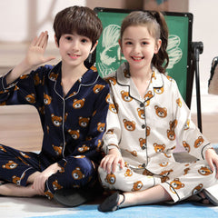 Long sleeve ice silk bear pajamas set for boys and girls