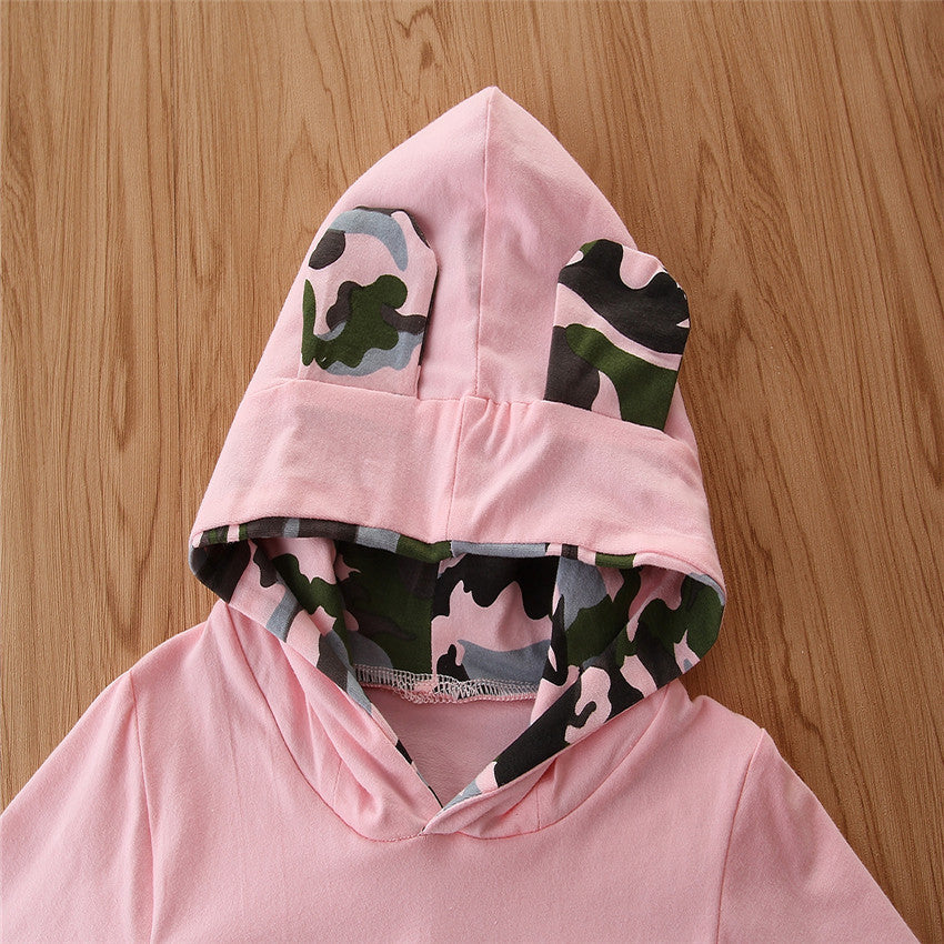 Girls Spring And Autumn Hooded Sweater Small Suit Ins Type Female Baby Camouflage 2 Piece Set